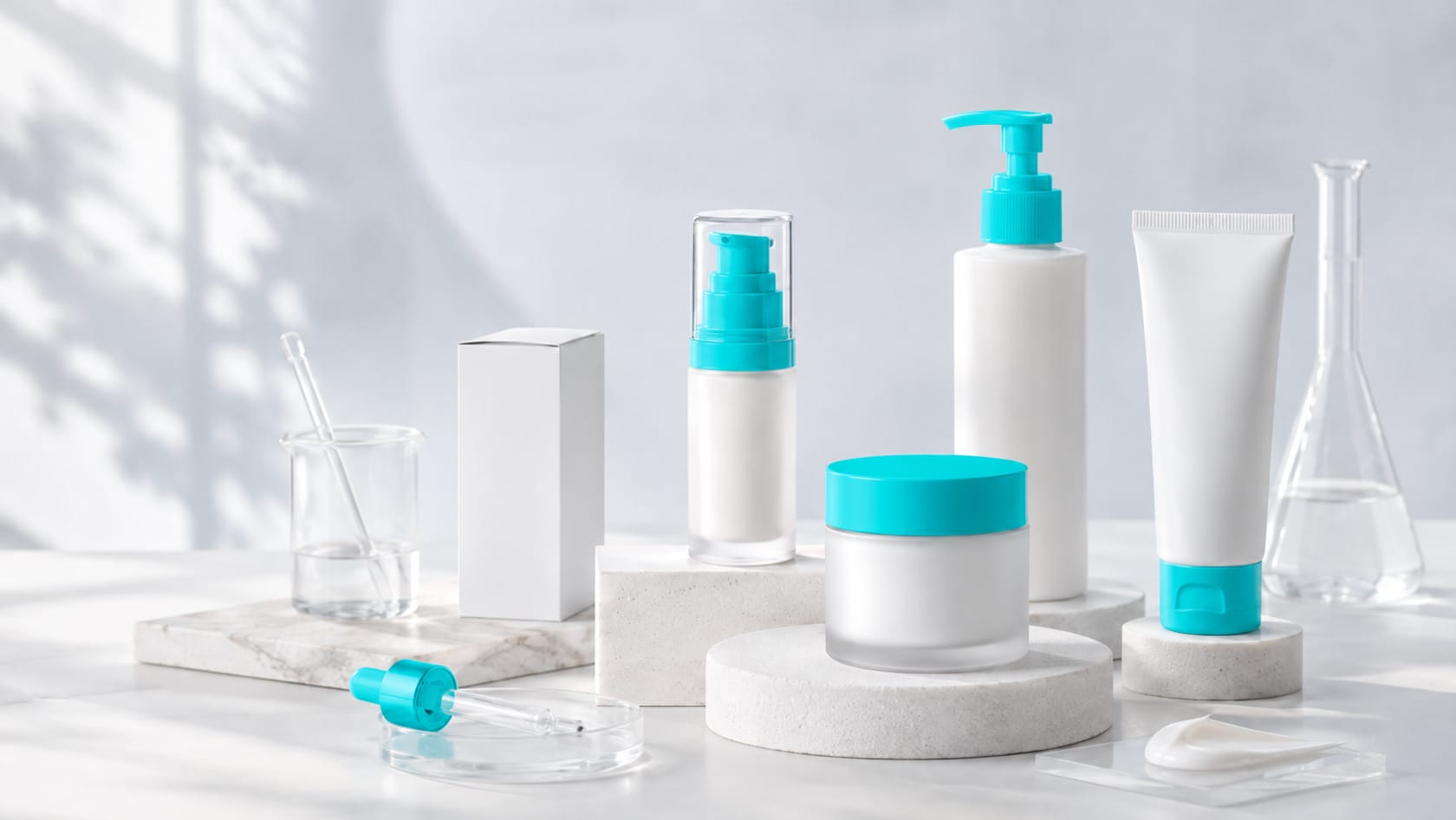 Set de ambalaje cosmetice neutre — flacoane, borcănel și tub, pregătite pentru personalizare de brand