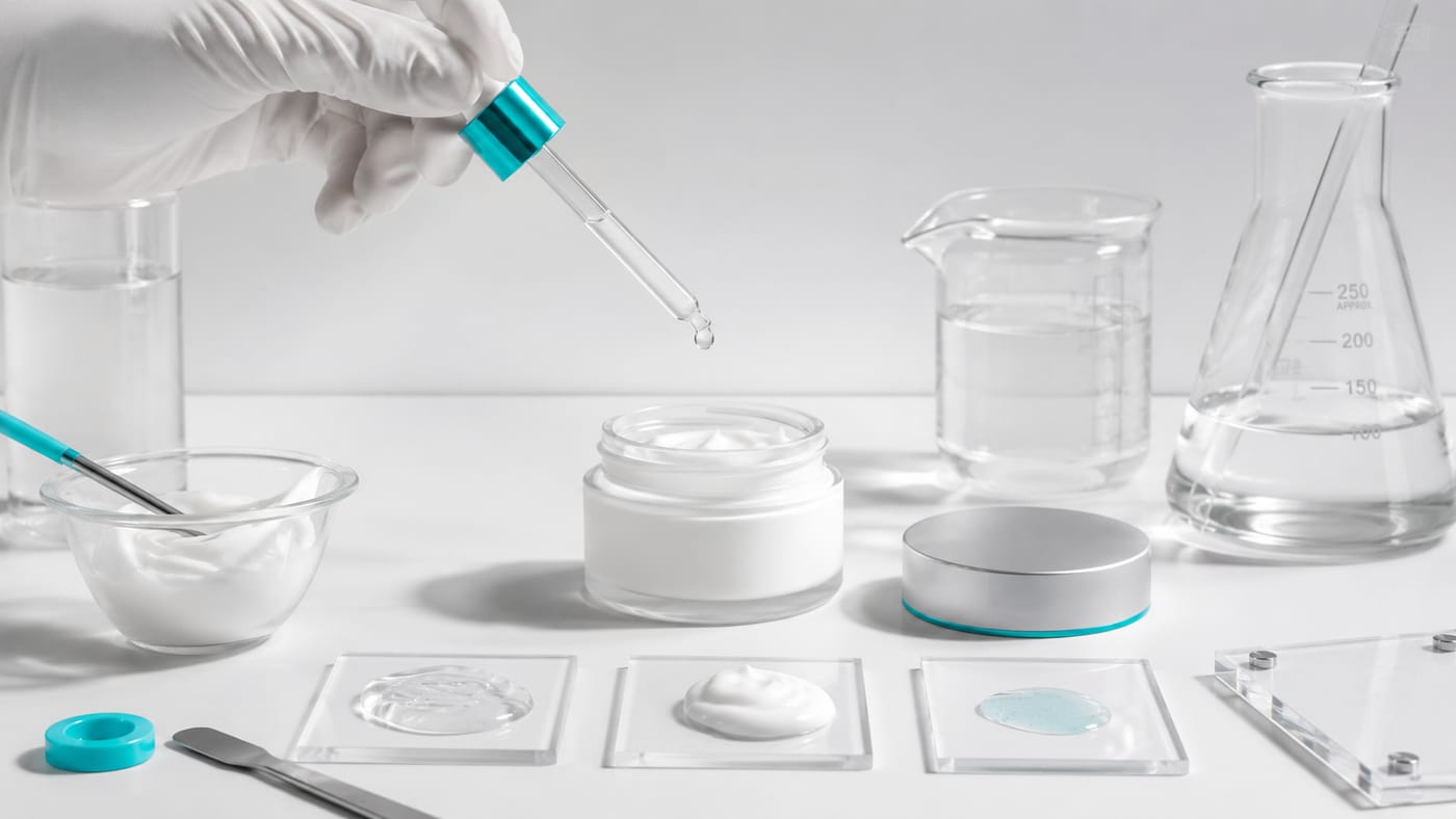 Testare texturi și formulare cosmetică într-un laborator, cu pipetă și mostre