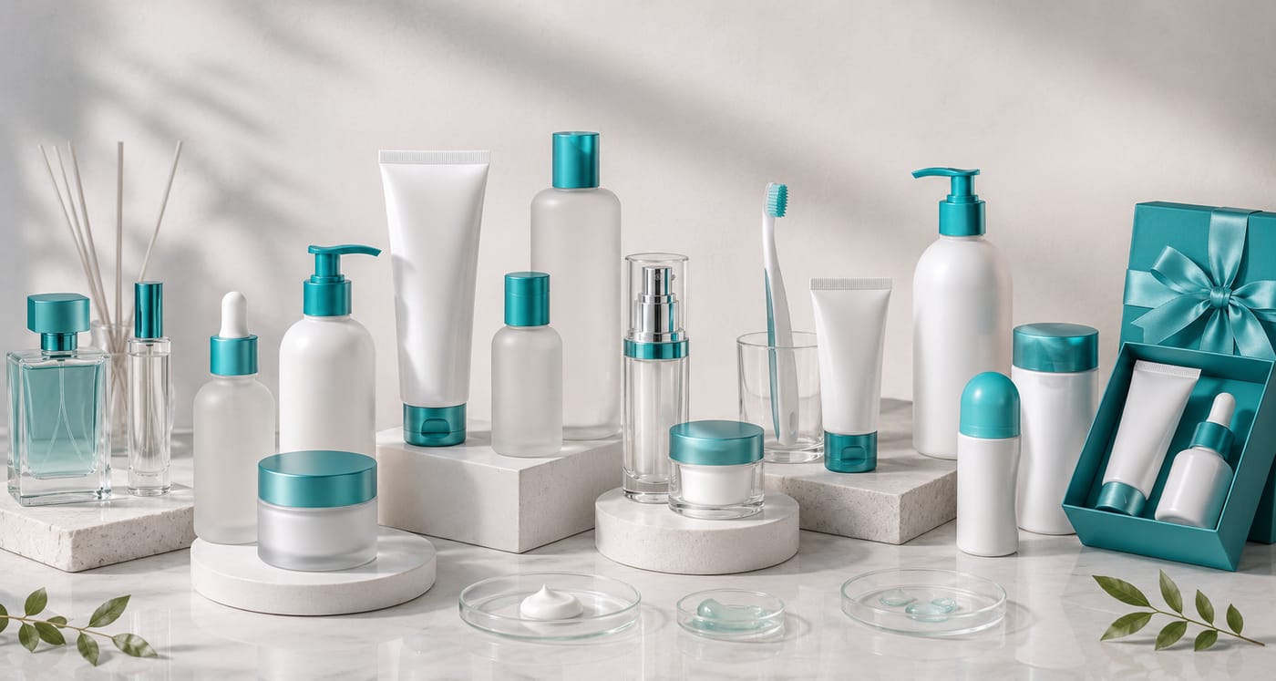 Gamă variată de produse cosmetice neutre — flacoane, tuburi, borcănele, parfum și set cadou, pregătite pentru personalizare de brand