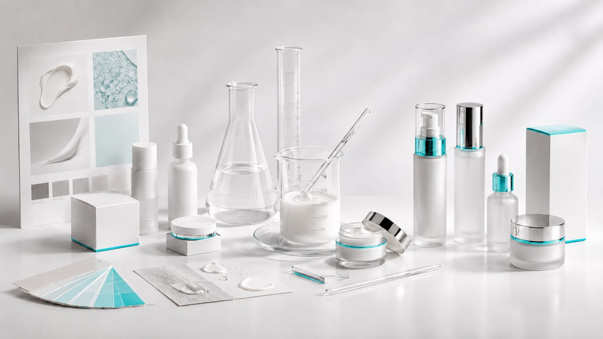 Mood board, texturi și produse cosmetice neutre folosite în dezvoltarea unui brand